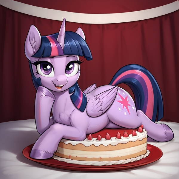 Size: 1024x1024 | Tagged: safe, ai content, derpibooru import, machine learning generated, prompter:thelight3d, stable diffusion, twilight sparkle, twilight sparkle (alicorn), alicorn, pony, g4, automatically imported, birthday, cake, female, food, generator:pony diffusion v6 xl, image, indoors, jpeg, ponies in food, solo, solo female