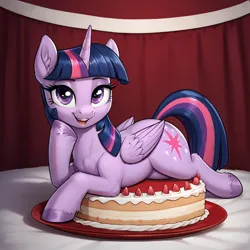 Size: 1024x1024 | Tagged: safe, ai content, derpibooru import, machine learning generated, prompter:thelight3d, stable diffusion, twilight sparkle, twilight sparkle (alicorn), alicorn, pony, g4, automatically imported, birthday, cake, female, food, generator:pony diffusion v6 xl, image, indoors, jpeg, ponies in food, solo, solo female