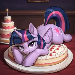 Size: 1024x1024 | Tagged: safe, ai content, derpibooru import, machine learning generated, prompter:thelight3d, stable diffusion, twilight sparkle, twilight sparkle (alicorn), alicorn, pony, g4, automatically imported, birthday, cake, female, food, generator:pony diffusion v6 xl, image, indoors, lying down, png, ponies in food, solo, solo female