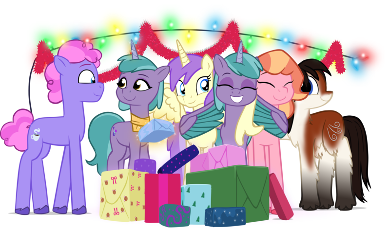 Size: 2824x1671 | Tagged: safe, artist:equestriaexploration, derpibooru import, alula, pluto, princess erroria, oc, oc:katabatica lee, alicorn, earth pony, pony, taiga pony, g4, g5, 4chan, hug, image, periwinkle pi, png, present, shiny sparks, simple background, strawberry blonde, sugarpuff lilac, transparent background, winghug, wings