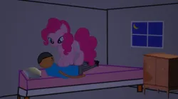 Size: 1416x789 | Tagged: suggestive, artist:tawowilliamdefender, artist:wiliamtheofficial, derpibooru import, pinkie pie, oc, oc:william, earth pony, human, pony, g4, aritst:tawowilliamdefender, bed, female, image, male, mare, movie accurate, night, png, room, shipping