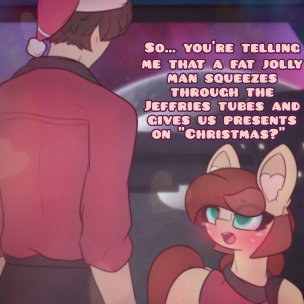 Size: 2664x2664 | Tagged: safe, artist:sodapop sprays, derpibooru import, oc, oc:horsely, oc:naomi horsely, earth pony, human, pony, blushing, christmas, clothes, confused, female, hat, holiday, human male, image, looking at each other, looking at someone, male, mare, meme, png, redshirt, santa hat, star trek, star trek (tos), talking, text