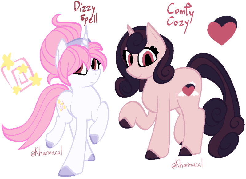 Size: 978x712 | Tagged: safe, artist:kharmacal, derpibooru import, oc, oc:comfy cozy, oc:dizzy spell, unofficial characters only, unicorn, duo, hair bun, hairband, horn, image, no catchlights, png, reference sheet, simple background, standing on two hooves, transparent background, two toned mane, unshorn fetlocks