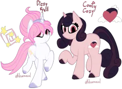 Size: 978x712 | Tagged: safe, artist:kharmacal, derpibooru import, oc, oc:comfy cozy, oc:dizzy spell, unofficial characters only, unicorn, duo, hair bun, hairband, horn, image, no catchlights, png, reference sheet, simple background, standing on two hooves, transparent background, two toned mane, unshorn fetlocks