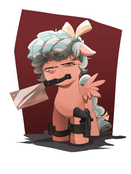 Size: 1500x2000 | Tagged: safe, artist:vanillaghosties, derpibooru import, cozy glow, pegasus, pony, g4, butcher knife, female, filly, foal, gun, handgun, holster, image, jpeg, knife, looking at you, mouth hold, narrowed eyes, weapon