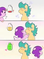 Size: 1536x2048 | Tagged: safe, artist:naye_livelife, derpibooru import, hitch trailblazer, pipp petals, earth pony, pegasus, pony, g5, 3 panel comic, battery, blushing, comic, duo, duo male and female, eyes closed, female, gradient background, image, jpeg, kiss on the lips, kissing, male, mare, ship:pitch, shipping, stallion, straight, tired