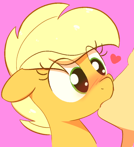 Size: 766x845 | Tagged: safe, artist:algoatall, ponerpics import, applejack, human, pony, alternate hairstyle, blushing, faceless male, floppy ears, heart, human male, image, kissing, male, offscreen character, pink background, png, short mane, simple background