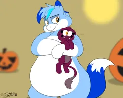 Size: 4000x3200 | Tagged: safe, artist:rupert, derpibooru import, sphinx (character), oc, oc:rupert the blue fox, fox, fox pony, hybrid, pony, sphinx, series:12 months of sphinxy, g4, belly, big belly, bipedal, chubby, cute, duo, duo male and female, egyptian, egyptian headdress, exclamation point, eyeshadow, featureless crotch, female, folded wings, frown, heart, hug, huge belly, image, lidded eyes, makeup, male, mismatched eyes, missing accessory, ocbetes, pale belly, png, pumpkin, question mark, size difference, size swap, smiling, sphinxdorable, squeeze, squishy, stallion, tail, teeth, three toned mane, two toned tail, white belly, wings