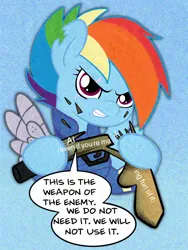 Size: 2030x2696 | Tagged: safe, ai content, artist:amynewblue, derpibooru import, rainbow dash, pegasus, g4, the cutie re-mark, angry, anti-ai, bad future, glaze, gun, image, meme, my little pony, png, reference, simple background, solo, speech bubble, weapon