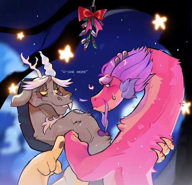 Size: 2199x2110 | Tagged: safe, artist:isisgio, derpibooru import, discord, draconequus, dragon, eastern dragon, g4, blushing, bow, christmas, crossover, crossover shipping, dialogue, gay, holiday, image, jpeg, long (wish dragon), male, mistletoe, shipping, stars, sweat, sweatdrop, wish dragon