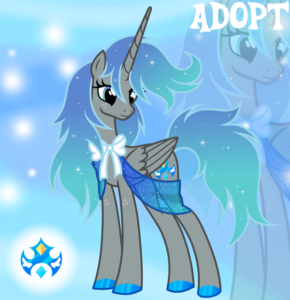 Size: 1280x1321 | Tagged: safe, artist:vi45, derpibooru import, oc, unofficial characters only, alicorn, pony, adoptable, alicorn oc, base used, blue eyes, blue hooves, colored hooves, concave belly, ethereal mane, eyelashes, female, female oc, folded wings, freckles, gradient background, gradient mane, gradient tail, gray coat, hooves, horn, image, leg freckles, long horn, mare, mare oc, neck bow, png, sash, shiny hooves, silk, slender, smiling, solo, sparkles, sparkly mane, sparkly tail, starry mane, starry tail, tail, thin, three quarter view, turned head, unicorn horn, white bow, wings, zoom layer