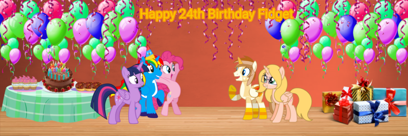 Size: 1500x500 | Tagged: safe, artist:lizzmcclin, derpibooru import, pinkie pie, twilight sparkle, twilight sparkle (alicorn), oc, oc:allie, oc:fidget, oc:shield wing, alicorn, earth pony, pony, g4, alicorn oc, balloon, bipedal, birthday, birthday cake, birthday gift, cake, cupcake, female, food, hat, horn, image, male, party hat, png, wings