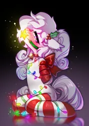 Size: 2480x3508 | Tagged: suggestive, artist:fantasysong, derpibooru import, oc, oc:curacion, unofficial characters only, bat pony, pony, bat ears, bat pony oc, bat wings, bell, bell collar, blushing, bondage, bow, christmas, christmas lights, christmas socks, christmas star, clothes, collar, colored, curly hair, eyelashes, female, floppy ears, gift wrapped, holiday, holly, image, kneeling, lights, looking at you, mare, png, ponytail, ribbon, shy, socks, solo, solo female, squint, stars, tied up, wings