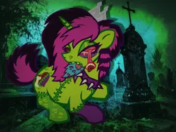 Size: 2048x1536 | Tagged: semi-grimdark, artist:catponything, derpibooru import, oc, oc:undead heart, unofficial characters only, pony, undead, unicorn, zombie, zombie pony, body horror, choker, eye scream, eye socket, female, frankenpony, gravestone, graveyard, horn, image, jewelry, lying down, mare, outdoors, png, scene hair, snot bubble, solo, spiked choker, stitched body, stitches, tiara