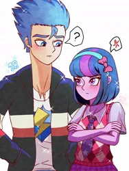 Size: 768x1024 | Tagged: safe, artist:paracetamolnavo30, derpibooru import, flash sentry, twilight sparkle, human, equestria girls, g4, alternate hairstyle, blushing, clothes, cross-popping veins, crossed arms, emanata, female, flashlight, headband, height difference, image, jpeg, male, necktie, pictogram, question mark, shipping, short hair, simple background, speech bubble, straight, sweater vest, white background