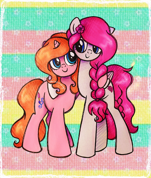 Size: 2170x2560 | Tagged: safe, artist:dariarchangel, derpibooru import, oc, oc:dazha, oc:phloxie, unofficial characters only, pegasus, pony, unicorn, g4, adorable face, besties, big eyes, blue eyes, braid, c:, cute, cute face, cute smile, duo, duo female, female, female oc, flower, flower in hair, folded wings, friends, friendship, height difference, horn, hug, image, long hair, long mane, long tail, looking at each other, looking at someone, mare oc, ocbetes, orange hair, orange mane, orange tail, patterned background, pegasus oc, physique difference, pink coat, pink hair, pink mane, pink tail, png, pony oc, pretty, size difference, small horn, smiling, standing, standing on three hooves, tail, traditional art, unicorn oc, wholesome, wings