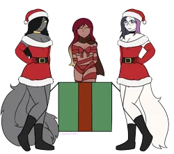 Size: 2679x2364 | Tagged: suggestive, artist:hayley566, derpibooru import, oc, oc:coco, oc:foxy, oc:ziena, unofficial characters only, equestria girls, g4, belt, boots, breasts, choker, christmas, christmas presents, clothes, collar, commission, costume, dress, equestria girls-ified, evening gloves, eyes closed, female, females only, gift wrapped, glasses, gloves, grin, hair over one eye, hat, holiday, image, long gloves, nudity, partial nudity, png, present, santa costume, santa hat, scarf, secret santa, sexy, sexy santa costume, shoes, simple background, smiling, tail, transparent background, trio, trio female