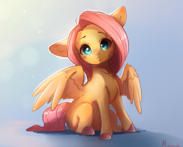 Size: 3324x2670 | Tagged: safe, artist:miokomata, derpibooru import, fluttershy, pegasus, pony, g4, :c, chest fluff, colored hooves, cute, floppy ears, freckles, freckleshy, frown, hooves, image, jpeg, looking at you, missing cutie mark, shyabetes, sitting, solo