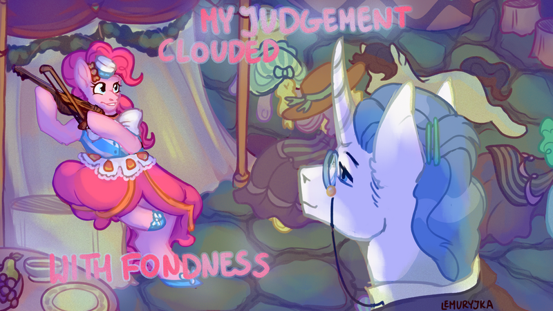 Size: 1280x720 | Tagged: safe, artist:lemuryjka, derpibooru import, fancypants, pinkie pie, earth pony, pony, unicorn, bow (instrument), clothes, dexterous hooves, dress, duo focus, female, gala dress, grin, hoof hold, horn, image, magnetic hooves, male, mare, musical instrument, pinkiepants, png, shipping, smiling, stallion, straight, violin, violin bow