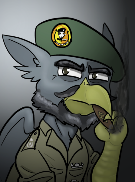 Size: 624x840 | Tagged: safe, artist:notoriousnostalgia, derpibooru import, oc, oc:theodor mistfeather, unofficial characters only, gryphon, equestria at war mod, beak, beard, bust, cigarette, clothes, digital art, facial hair, folded wings, gradient background, griffon oc, hat, image, looking at camera, looking at you, male, military, military uniform, moustache, new characters for equestria at war, new characters for equestria at war mod, png, portrait, serious, serious face, shirt, simple background, smoking, solo, uniform, wings