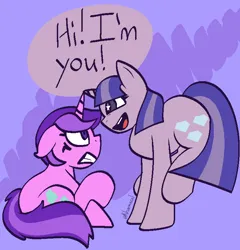 Size: 714x745 | Tagged: safe, artist:kharmacal, derpibooru import, amethyst star, pony, unicorn, g4, abstract background, caption, horn, horns are touching, image, image macro, irrational exuberance, personal space invasion, png, self paradox, self ponidox, smiling, speech bubble, standing on two hooves, text, wingding eyes