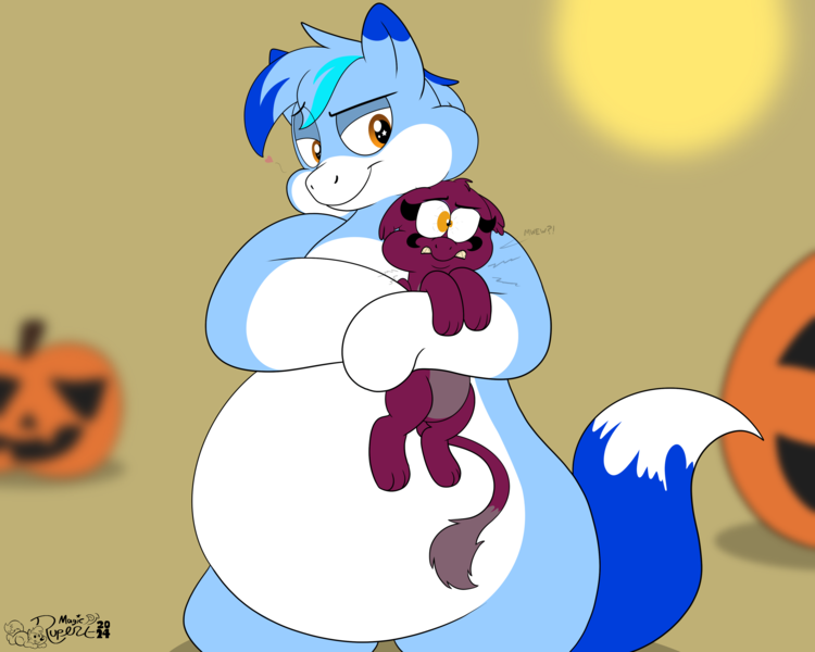 Size: 4000x3200 | Tagged: safe, artist:rupert, derpibooru import, sphinx (character), oc, oc:rupert the blue fox, fox, fox pony, hybrid, pony, sphinx, series:12 months of sphinxy, g4, belly, big belly, bipedal, chubby, cute, duo, duo male and female, egyptian, egyptian headdress, exclamation point, eyeshadow, fat, featureless crotch, female, folded wings, frown, heart, hug, huge belly, image, lidded eyes, makeup, male, meow, mismatched eyes, missing accessory, ocbetes, pale belly, png, pumpkin, question mark, size difference, size swap, smiling, sphinxdorable, squeeze, squishy, stallion, tail, teeth, three toned mane, two toned tail, white belly, wings