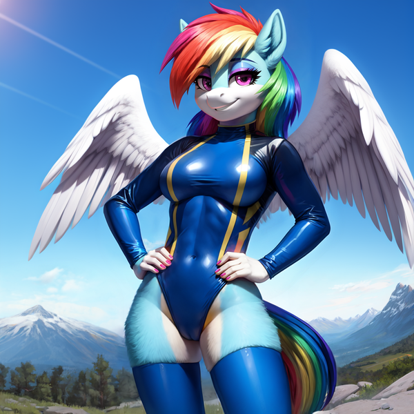 Size: 760x760 | Tagged: suggestive, ai content, derpibooru import, editor:dordrago, prompter:dordrago, rainbow dash, anthro, pegasus, g4, ai composition, belly, belly button, breasts, busty rainbow dash, cameltoe, clothes, female, fur, grin, hand on hip, image, leotard, mountain, mountain range, png, sky, sky background, smiling, socks, solo, solo female, stupid sexy rainbow dash, tail, thigh highs, uniform, wings, wonderbolt leotard, wonderbolts, wonderbolts uniform