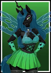 Size: 1024x1449 | Tagged: safe, artist:rekheadz, derpibooru import, queen chrysalis, anthro, changeling, changeling queen, g4, bedroom eyes, breasts, busty queen chrysalis, cleavage, clothes, deviantart watermark, female, freckles, gradient background, hair over one eye, hand on hip, image, obtrusive watermark, png, skirt, smiling, solo, watermark