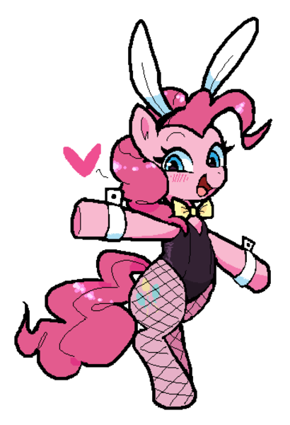 Size: 724x1060 | Tagged: safe, artist:deerie, derpibooru import, pinkie pie, earth pony, pony, g4, bunny ears, bunny suit, clothes, female, fishnet clothing, fishnets, image, mare, ms paint, png, simple background, smiling, socks, solo, standing on two hooves, stockings, thigh highs