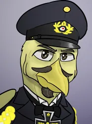 Size: 624x840 | Tagged: safe, artist:notoriousnostalgia, derpibooru import, oc, oc:cornelius raincrest, unofficial characters only, gryphon, equestria at war mod, beak, beard, bowtie, bust, clothes, digital art, facial hair, folded wings, griffon oc, hat, image, iron cross, looking at camera, looking at you, male, military, military uniform, moustache, new characters for equestria at war, new characters for equestria at war mod, peaked cap, png, portrait, serious, serious face, simple background, solo, uniform, wings