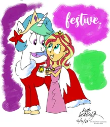 Size: 2077x2394 | Tagged: safe, artist:newportmuse, derpibooru import, princess celestia, alicorn, human, pony, equestria girls, g4, chocolate, christmas, clothes, crown, dress, duo, duo female, female, food, grin, high res, holiday, hot chocolate, image, jewelry, jpeg, looking at each other, looking at someone, mare, mug, poinsettia, regalia, santa dress, signature, smiling, smiling at each other, text