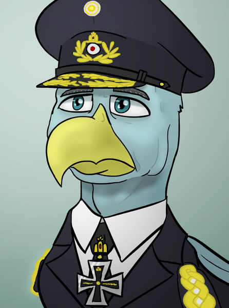 Size: 624x840 | Tagged: safe, artist:notoriousnostalgia, derpibooru import, oc, oc:karl stormfeather, unofficial characters only, gryphon, equestria at war mod, beak, bust, clothes, digital art, folded wings, griffon oc, hat, image, iron cross, male, medal, military, military uniform, necktie, new characters for equestria at war, new characters for equestria at war mod, peaked cap, png, portrait, simple background, solo, uniform, wings