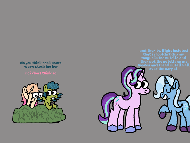 Size: 2000x1500 | Tagged: safe, artist:zoeyhorse, derpibooru import, starlight glimmer, trixie, oc, oc:wasperry wipple, pegasus, pony, unicorn, g4, binoculars, blatant lies, bush, colored hooves, female, gray background, hooves, horn, image, implied twilight sparkle, looking back, mare, png, ponysona, simple background, spread wings, spying, unshorn fetlocks, wings