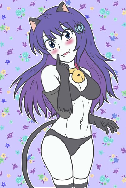 Size: 1346x2000 | Tagged: suggestive, artist:sumin6301, derpibooru import, rarity, cat, human, equestria girls, g4, background, bell, bell collar, belly, belly button, belly piercing, black bra, black panties, black underwear, blushing, bra, breasts, busty rarity, cat ears, catgirl, clothes, collar, crossed legs, eyebrows, eyebrows visible through hair, eyelashes, fangs, female, image, jpeg, lipstick, looking at you, panties, piercing, raricat, smiling, smiling at you, socks, solo, solo female, striped socks, underwear