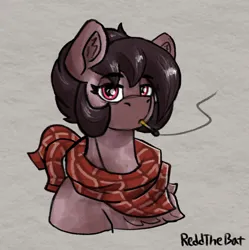 Size: 732x736 | Tagged: safe, artist:reddthebat, derpibooru import, oc, oc:number nine, unofficial characters only, earth pony, pony, bandana, bust, chest fluff, cigarette, ear fluff, eyebrows, eyebrows visible through hair, female, image, lidded eyes, looking at you, mare, png, signature, smoking, solo