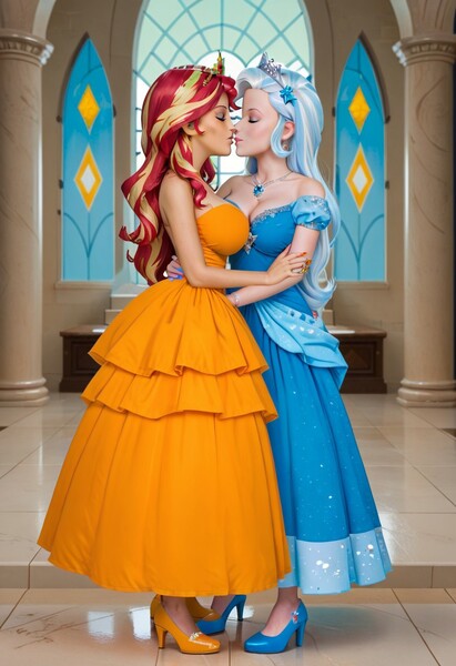 Size: 832x1216 | Tagged: safe, machine learning generated, prompter:tiamatnightmare, sunset shimmer, trixie, human, equestria girls, artificial intelligence, clothes, dress, female, humanized, image, jewelry, jpeg, kissing, lesbian, princess dress, realistic, shipping, suntrix, tiara