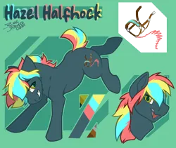 Size: 1366x1155 | Tagged: safe, artist:bagelbytes, derpibooru import, oc, oc:hazel halfhock, unofficial characters only, earth pony, pony, bronco buster, bucking, color palette, green background, grin, hazel eyes, image, png, reference sheet, signature, simple background, smiling, three toned mane, three toned tail