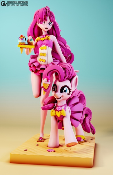 Size: 1404x2160 | Tagged: safe, artist:grayworldcorporation, derpibooru import, pinkie pie, earth pony, human, pony, equestria girls, g4, 3d, 3d model, clothes, duo, food, human ponidox, ice cream, ice cream cone, image, jpeg, one-piece swimsuit, prehensile mane, self paradox, self ponidox, standing, standing on one leg, swimsuit