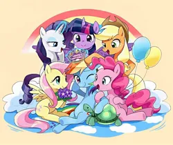 Size: 1080x906 | Tagged: artist needed, safe, derpibooru import, applejack, fluttershy, pinkie pie, rainbow dash, rarity, tank, twilight sparkle, g4, balloon, birthday, crown, flower, image, jewelry, jpeg, magic, mane six, rainbow, regalia, telekinesis