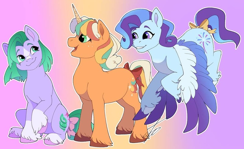 Size: 1080x660 | Tagged: safe, artist:the.gay.tree.and.me, derpibooru import, pony, g5, female, glory (g5), image, jpeg, older, peach fizz, pippsqueak trio, seashell (g5)