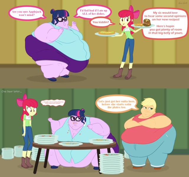 Size: 3200x3000 | Tagged: suggestive, artist:neongothic, derpibooru import, apple bloom, applejack, sci-twi, twilight sparkle, human, equestria girls, g4, apple bloom's bow, applefat, applejack is not amused, bbw, belly, big belly, bingo wings, bow, breasts, busty applejack, busty sci-twi, chubby cheeks, cleavage, comic, crossed arms, double chin, fat, fat ass, fat boobs, fat fetish, female, fetish, freckles, glasses, hair bow, hair bun, image, messy eating, morbidly obese, obese, older, older apple bloom, png, sci-twilard, ssbbw, stuffed belly, stuffing, thighs, thunder thighs, twilard sparkle, unamused, weight gain