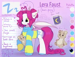 Size: 2278x1730 | Tagged: safe, artist:lerk, derpibooru import, oc, oc:lerk, unofficial characters only, bat pony, pony, ahoge, bat pony oc, bat wings, clothes, colored sclera, ear fluff, ear piercing, ear tufts, earring, eye clipping through hair, female, heart ahoge, image, jewelry, mare, mug, partially open wings, piercing, plushie, png, reference sheet, sweater, teddy bear, wings, yellow sclera