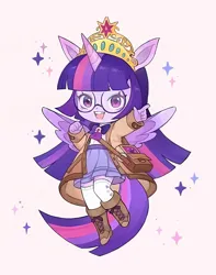 Size: 1080x1368 | Tagged: safe, derpibooru import, twilight sparkle, human, equestria girls, g4, book, chibi, crown, cute, glasses, horn, humanized, image, jewelry, jpeg, kemonomimi, regalia, sparkles, wings