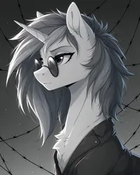 Size: 3072x3840 | Tagged: safe, ai content, generator:zoinksnoob, machine learning generated, stable diffusion, vinyl scratch, ponified, pony, unicorn, g4, barbed wire, beautiful, black and white, bust, chest fluff, clothes, egor letov, female, glasses, grayscale, horn, image, jacket, jpeg, leather jacket, looking away, messy hair, messy mane, monochrome, prompter:frostru, round glasses, side view, solo, tall