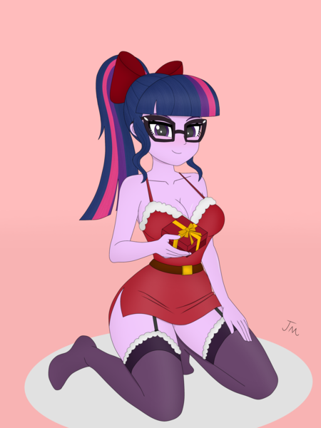 Size: 3072x4096 | Tagged: safe, artist:ticonderoka, derpibooru import, sci-twi, twilight sparkle, human, equestria girls, g4, bow, breasts, busty sci-twi, busty twilight sparkle, christmas, christmas outfit, cleavage, clothes, costume, female, hair bow, high res, holiday, image, kneeling, png, present, santa costume, schrödinger's pantsu, sexy, sexy santa costume, smiling, socks, solo, thigh highs