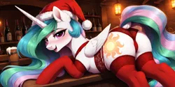 Size: 2048x1024 | Tagged: suggestive, ai content, machine learning generated, princess celestia, alicorn, pony, g4, alcohol, bar, blushing, bottle, chest fluff, christmas, clothes, dock, ear fluff, eyebrows visible through hair, female, folded wings, hat, holiday, image, lace underwear, lidded eyes, lingerie, looking at you, looking back, looking back at you, mare, open mouth, open smile, panties, png, santa hat, smiling, smiling at you, solo, solo female, stockings, tavern, thigh highs, underwear, wings