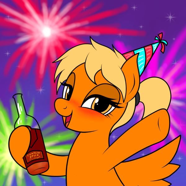 Size: 1500x1500 | Tagged: safe, artist:vomitvomiting, derpibooru import, oc, oc:pumpkin spice schnapps, pegasus, pony, hat, holding a bottle, image, new year, png, solo