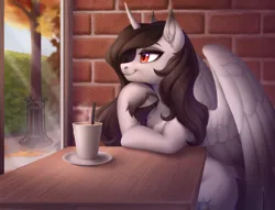 Size: 2596x1980 | Tagged: safe, artist:sparkling_light, derpibooru import, oc, oc:enigma, unofficial characters only, alicorn, pony, brick wall, cup, female, hedge, horn, image, png, solo, spread wings, table, tree, wings