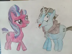 Size: 4096x3072 | Tagged: safe, artist:victoric1993, derpibooru import, party favor, starlight glimmer, pony, unicorn, g4, the cutie map, caption, colored pencil drawing, derp, equal cutie mark, exploitable meme, female, high res, horn, i didn't listen, image, image macro, jpeg, male, mare, meme, my little pony, scene interpretation, smiling, stallion, text, traditional art