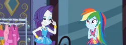 Size: 2983x1080 | Tagged: safe, composite screencap, derpibooru import, edit, edited screencap, screencap, rainbow dash, rarity, human, equestria girls, g4, street chic, spoiler:eqg series (season 2), bare shoulders, bracelet, clothes, clothes rack, dress, duo, duo female, eyeshadow, female, geode of shielding, geode of super speed, hand on hip, image, jewelry, magical geodes, makeup, my little pony equestria girls: better together, png, rarity peplum dress, sleeveless, sleeveless dress